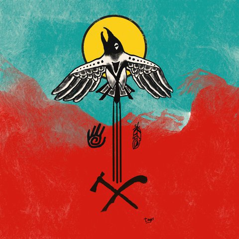 Raven with Petroglyphs and Weapons — digital artwork by Tom Myer